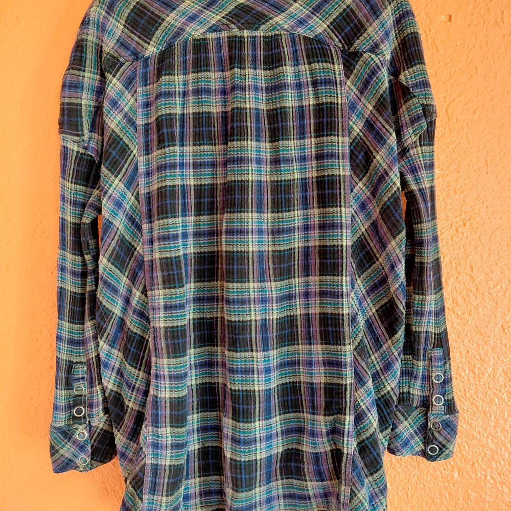 Free People Navy and Green Plaid Button-Down Shirt - Picture 9 of 16